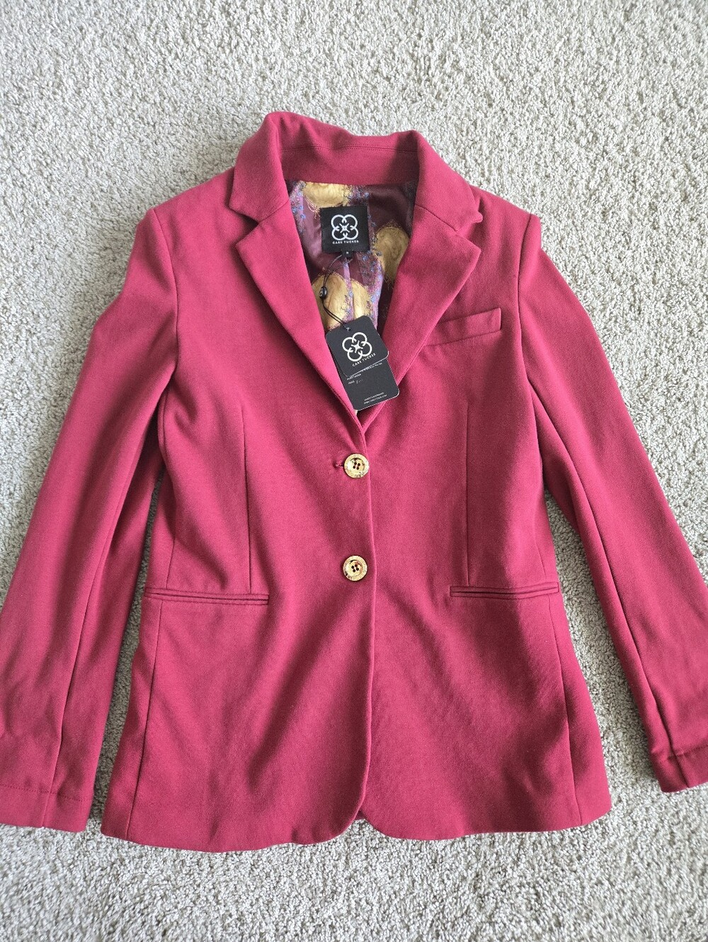 Care Tucker NWT Cranberry Stretch Blazer | Small | Cotton Spandex | Gold Button